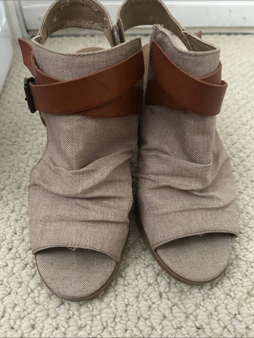 Soda Taupe Canvas Open-Toe Wedge with Brown Strap